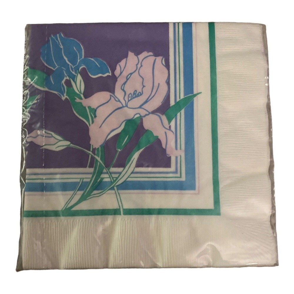 Vintage Contempo Floral Flower Luncheon Napkins (20) Purple Blue Green *New - Picture 2 of 2